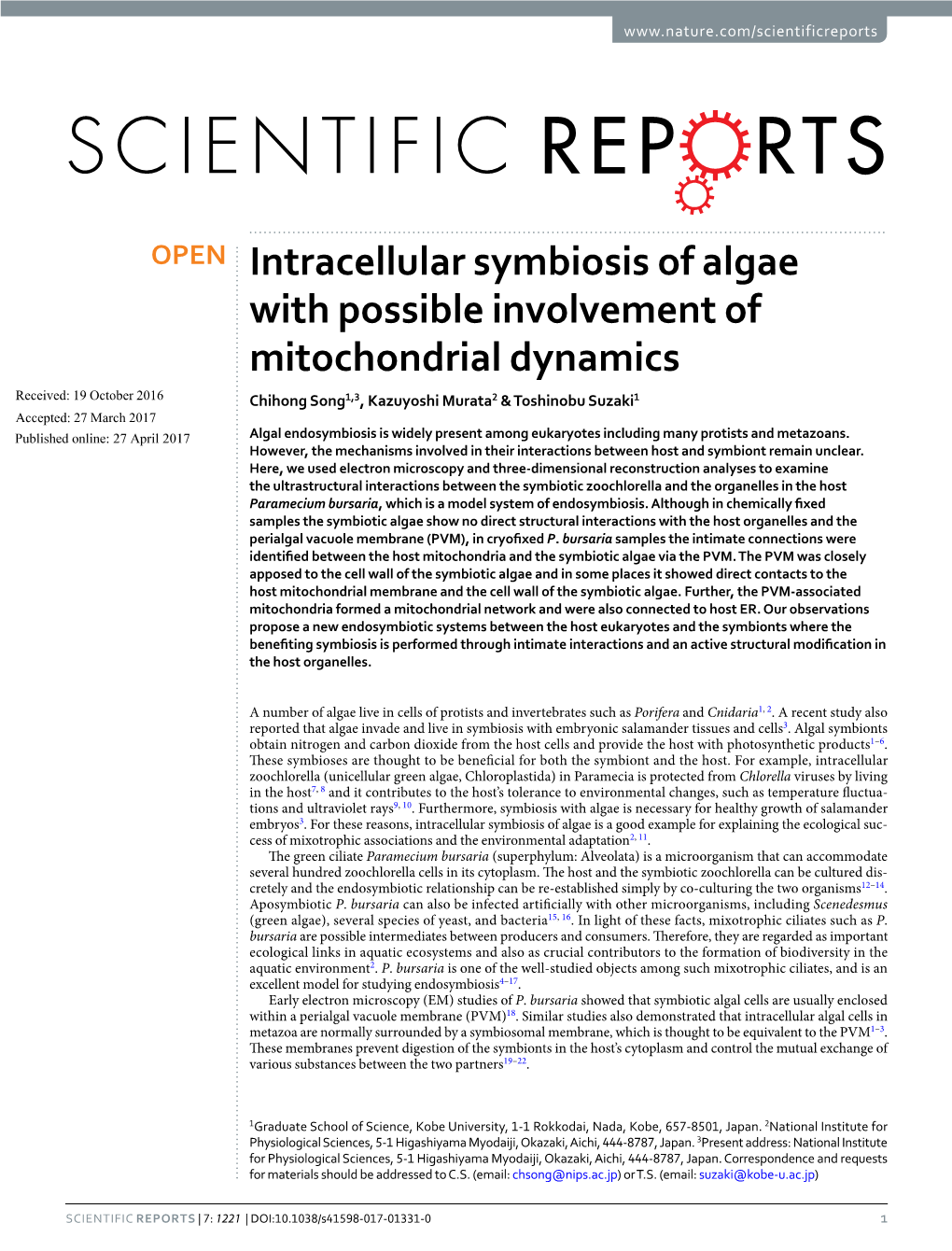 Intracellular Symbiosis of Algae with Possible Involvement Of