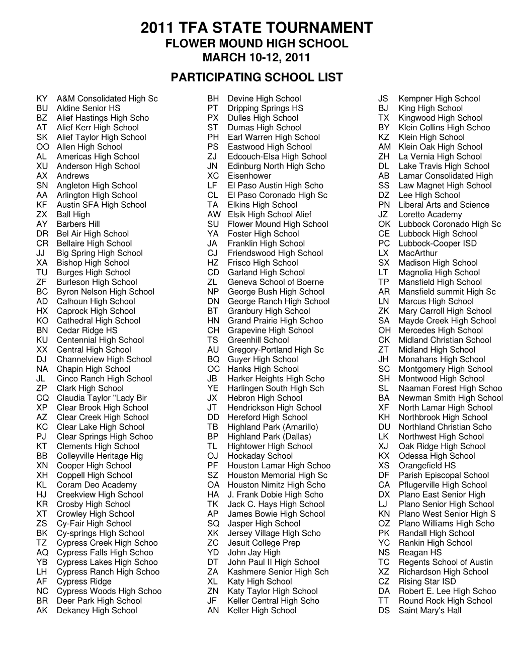 2011 Tfa State Tournament Flower Mound High School March 10-12, 2011 Participating School List