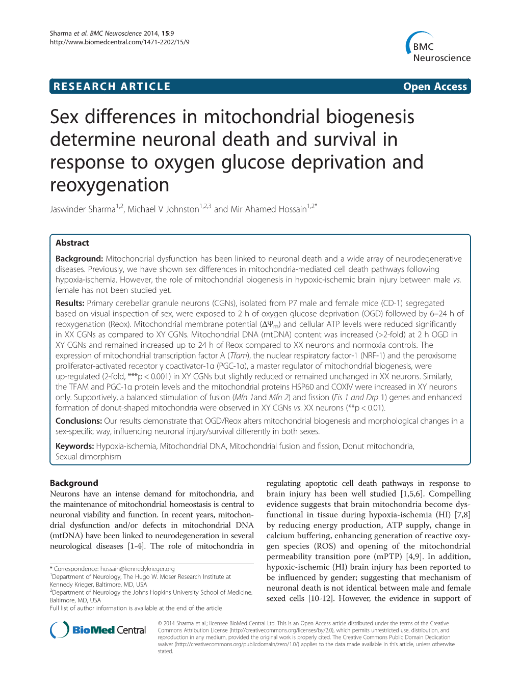 Sex Differences in Mitochondrial Biogenesis Determine Neuronal Death and Survival in Response to Oxygen Glucose Deprivation