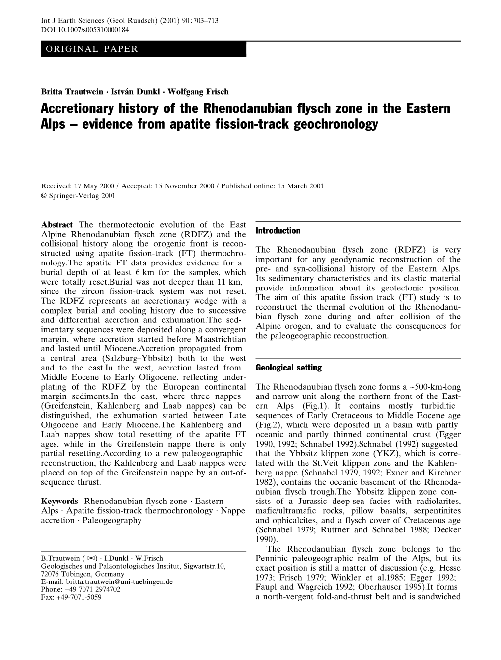 Accretionary History of the Rhenodanubian Flysch Zone in the Eastern Alps ± Evidence from Apatite Fission-Track Geochronology