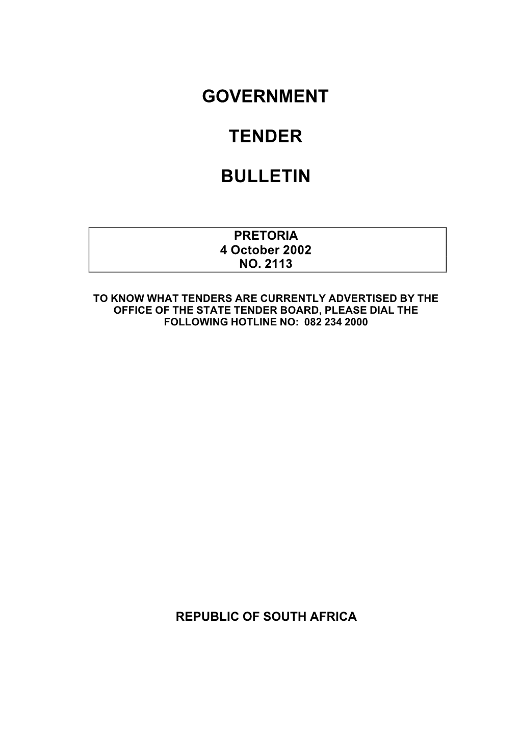 Government Tender Bulletin, 4 October 2002