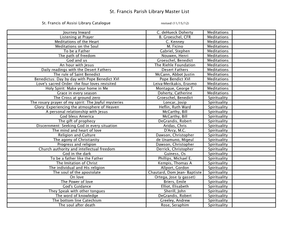 St. Francis Parish Library Master List