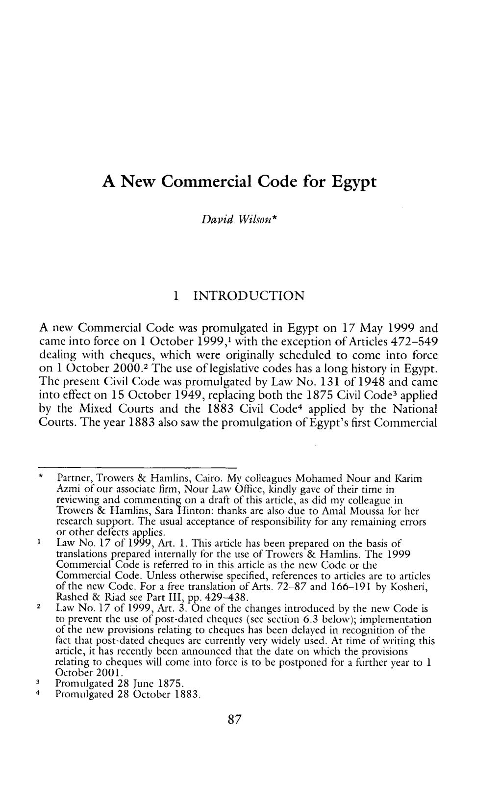 A New Commercial Code for Egypt