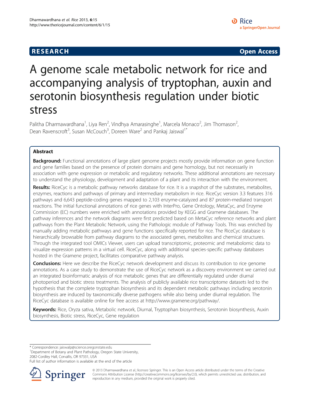 A Genome Scale Metabolic Network for Rice and Accompanying Analysis Of