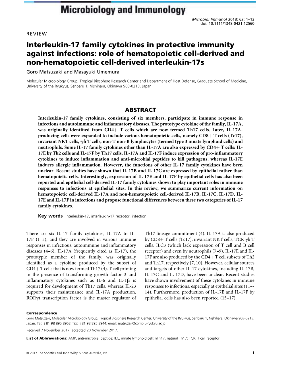 Interleukin‐17 Family Cytokines in Protective Immunity Against Infections