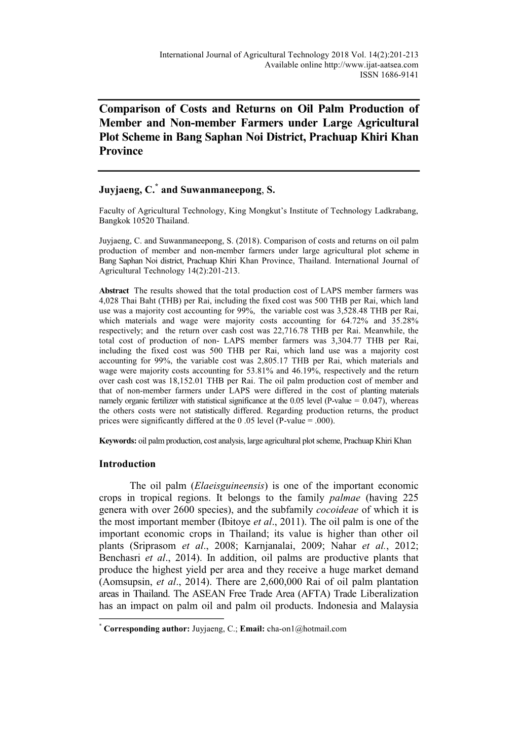 Comparison of Costs and Returns on Oil Palm Production Of