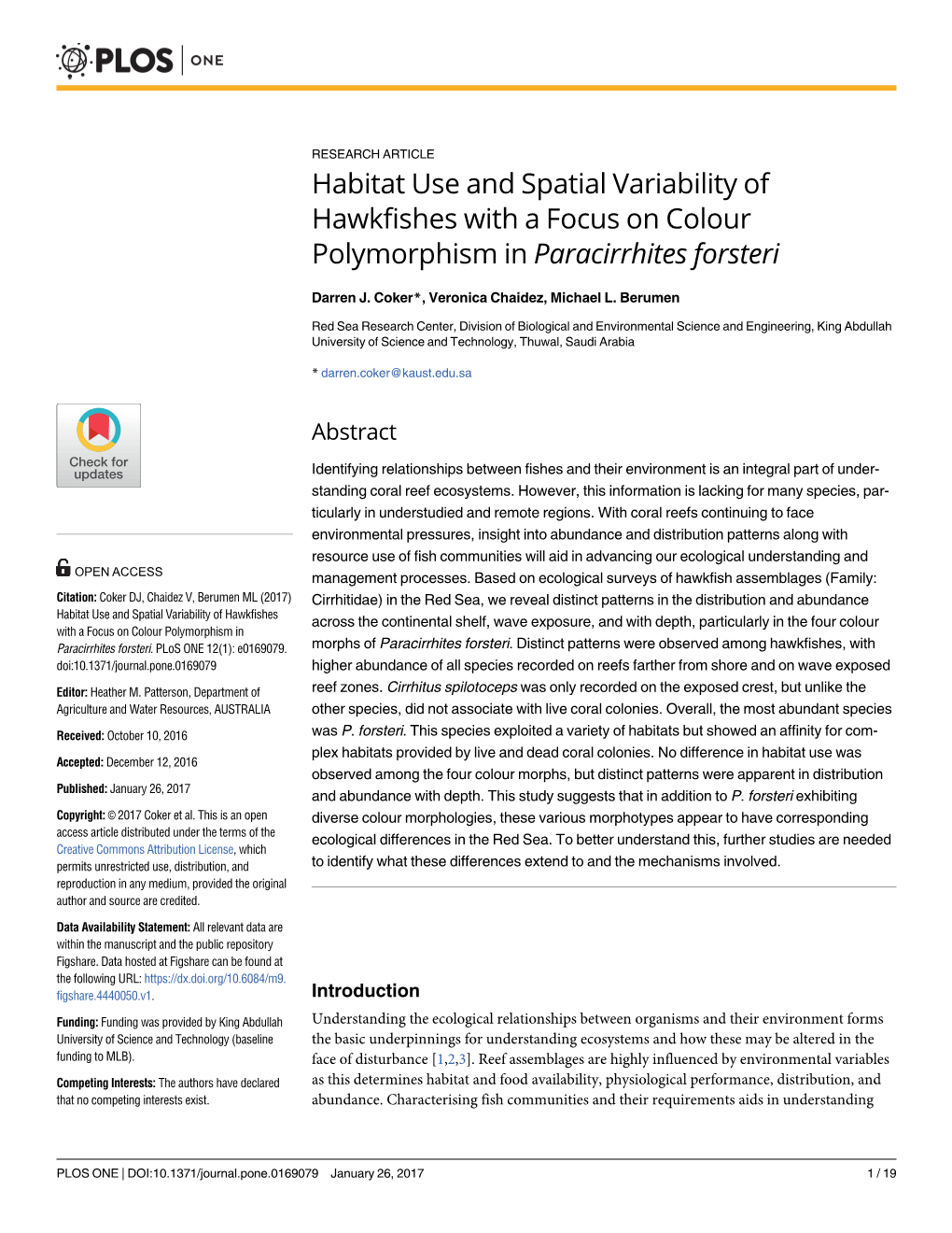 Habitat Use and Spatial Variability of Hawkfishes with a Focus on Colour Polymorphism in Paracirrhites Forsteri