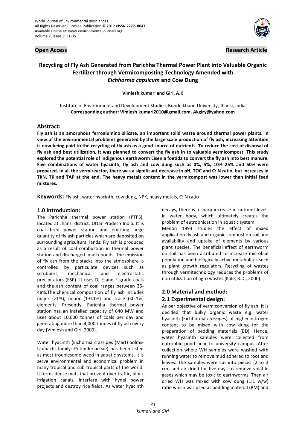 Open Access Research Article Recycling of Fly Ash Generated