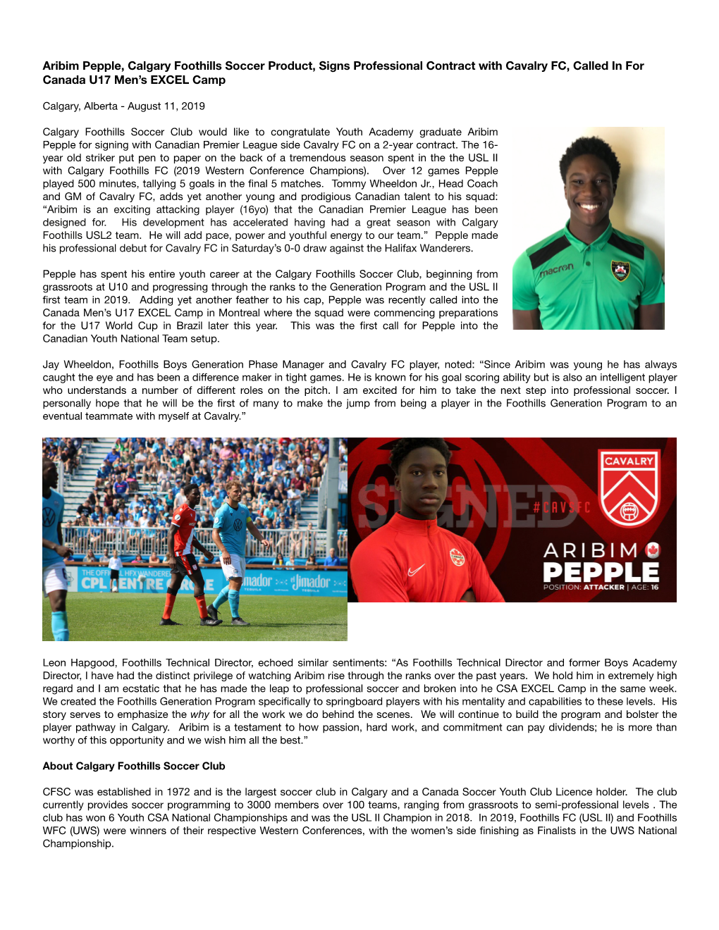 Aribim Pepple, Calgary Foothills Soccer Product, Signs Professional Contract with Cavalry FC, Called in for Canada U17 Men’S EXCEL Camp