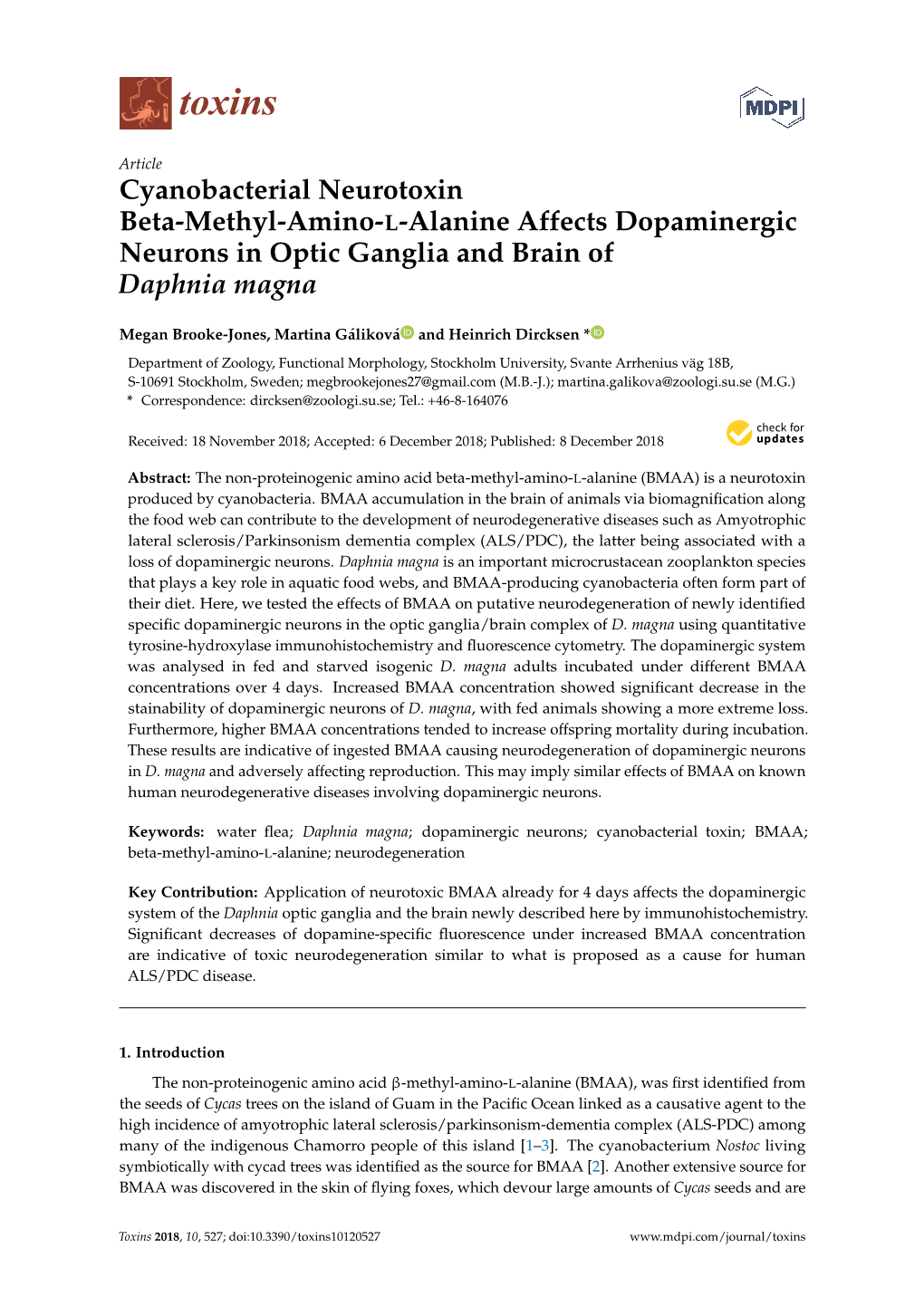 Cyanobacterial Neurotoxin Beta-Methyl-Amino-L-Alanine Affects Dopaminergic Neurons in Optic Ganglia and Brain of Daphnia Magna