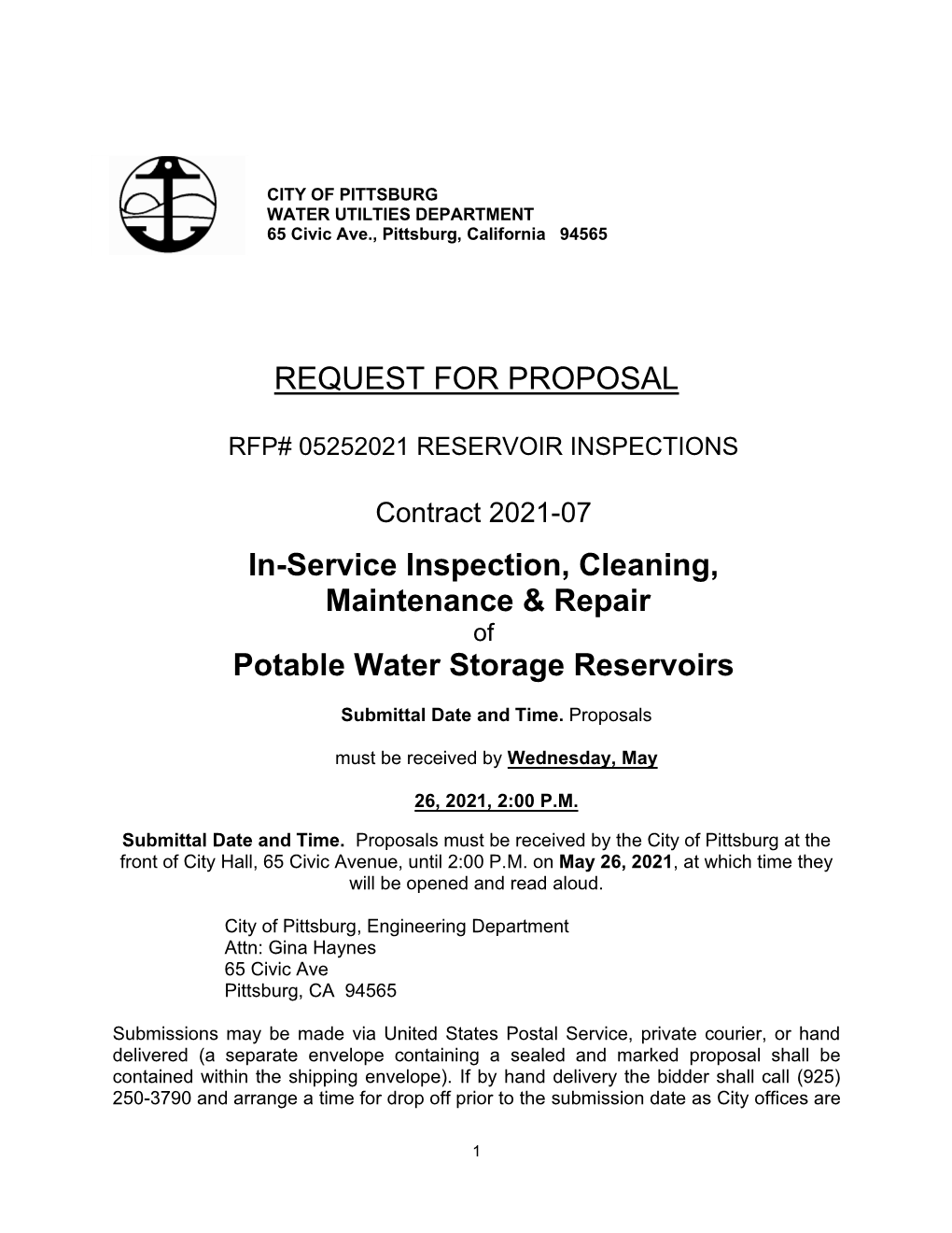 REQUEST for PROPOSAL In-Service Inspection, Cleaning