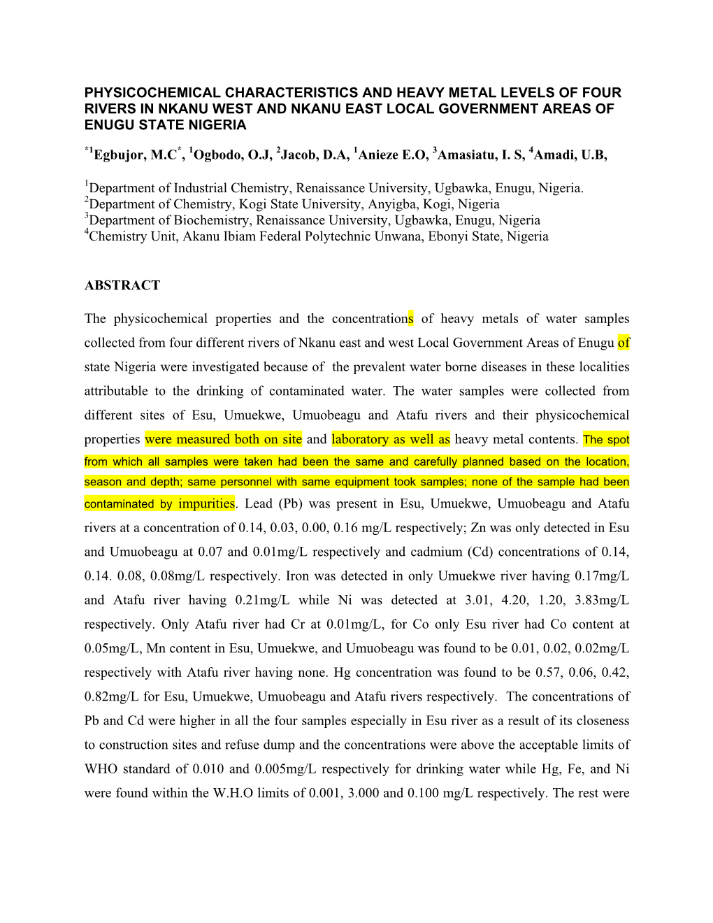 Physicochemical Characteristics and Heavy Metal Levels of Four Rivers in Nkanu West and Nkanu East Local Government Areas of Enugu State Nigeria