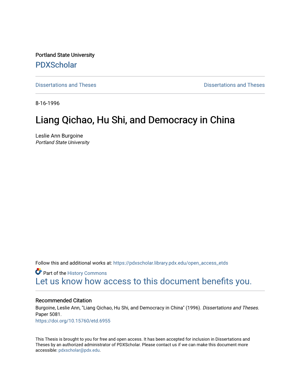 Liang Qichao, Hu Shi, and Democracy in China