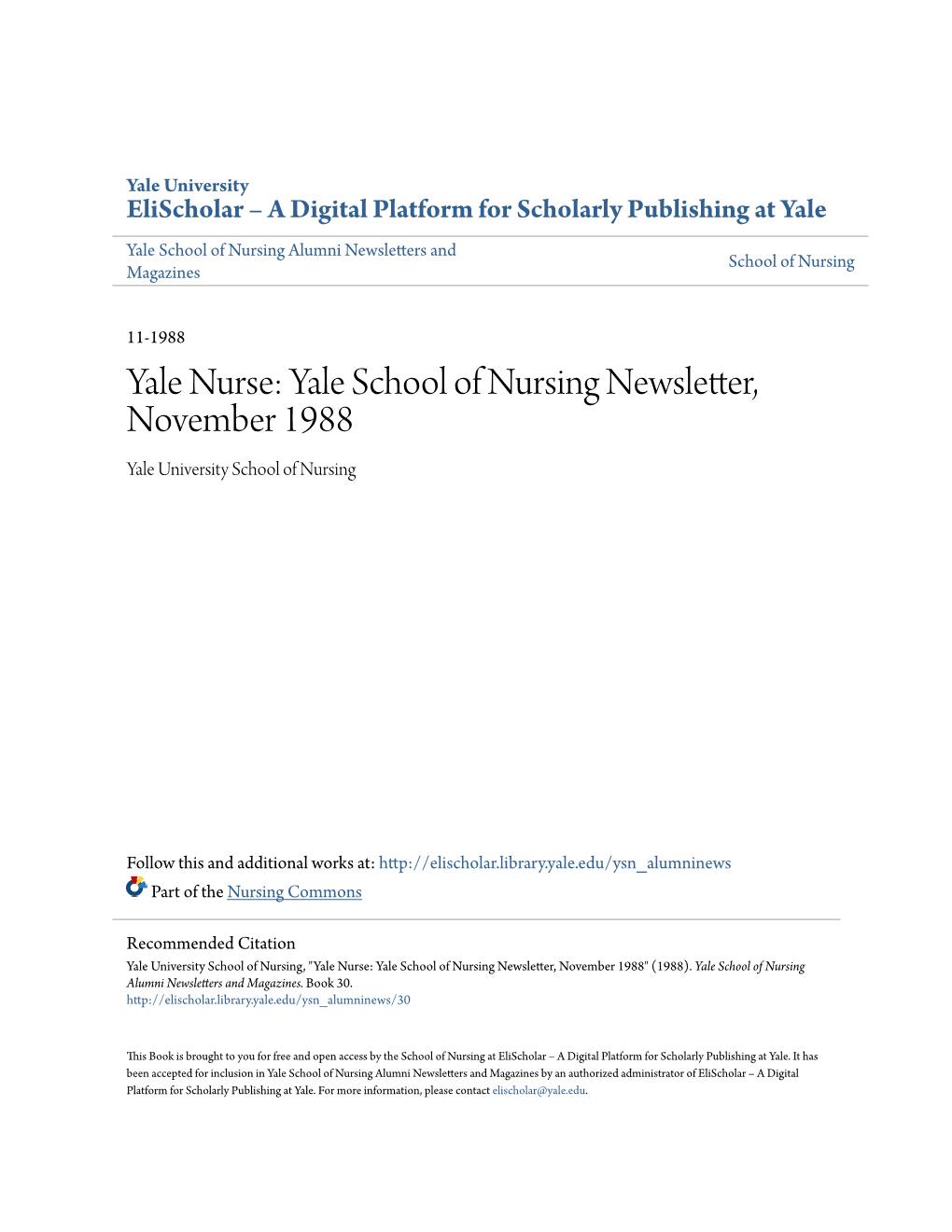 Yale School of Nursing Newsletter, November 1988 Yale University School of Nursing