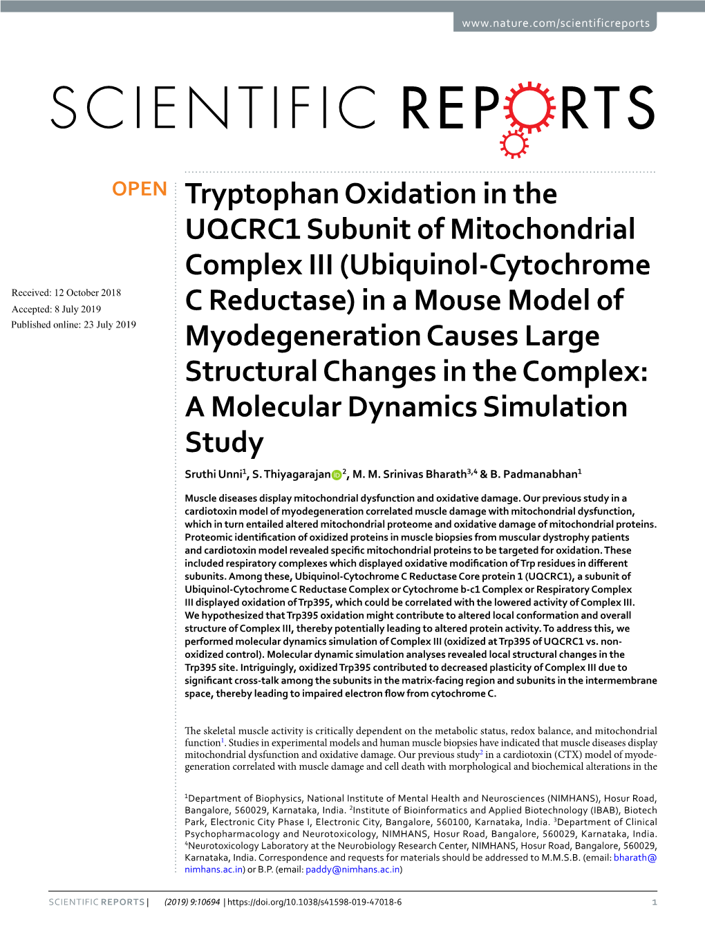 Tryptophan Oxidation in the UQCRC1 Subunit of Mitochondrial Complex