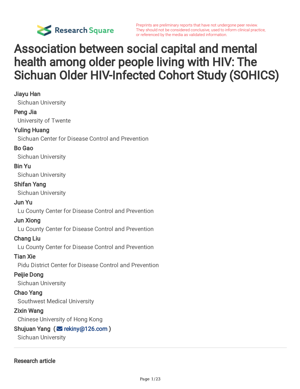 Association Between Social Capital and Mental Health Among Older People Living with HIV: the Sichuan Older HIV-Infected Cohort Study (SOHICS)