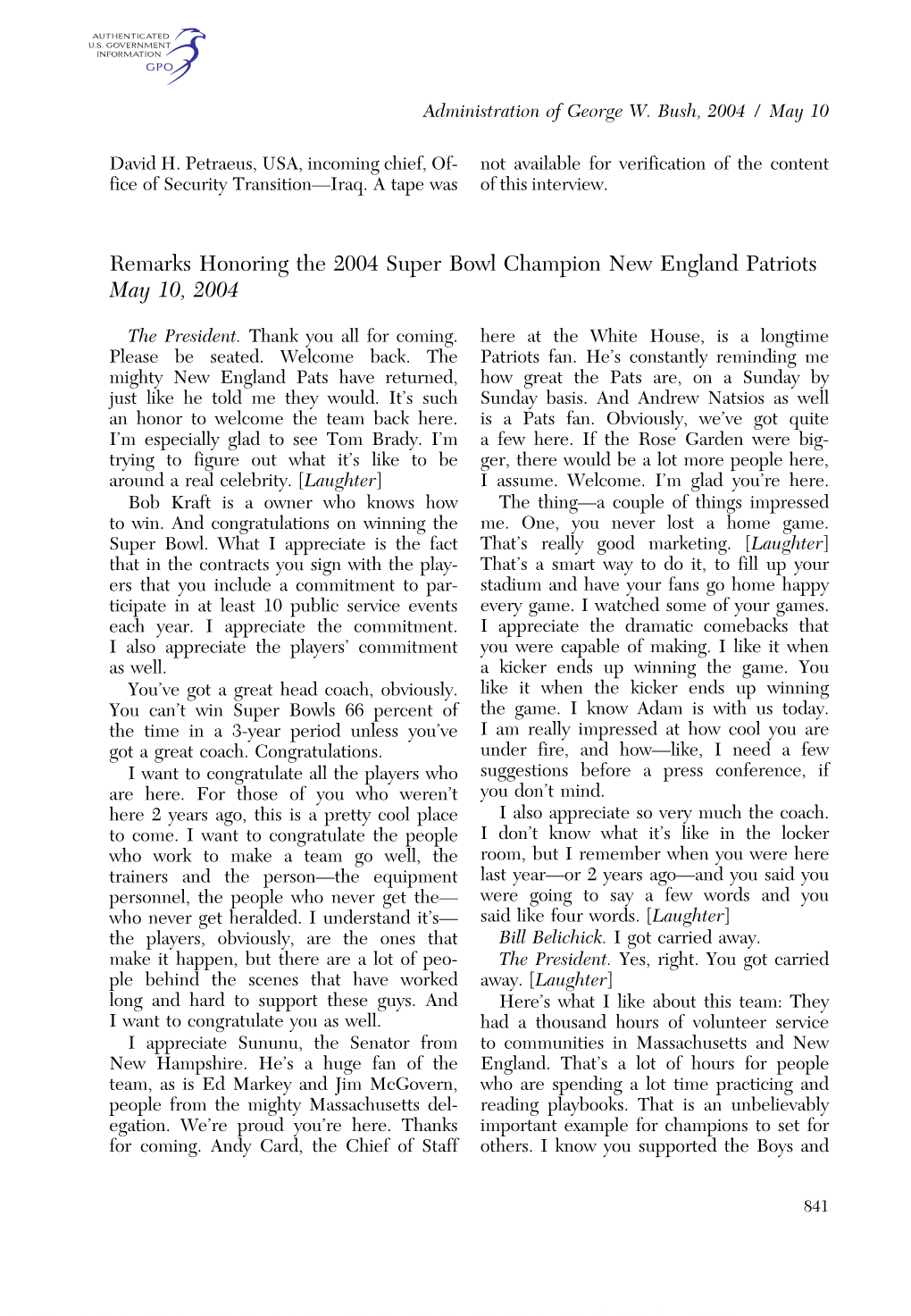 Remarks Honoring the 2004 Super Bowl Champion New England Patriots May 10, 2004