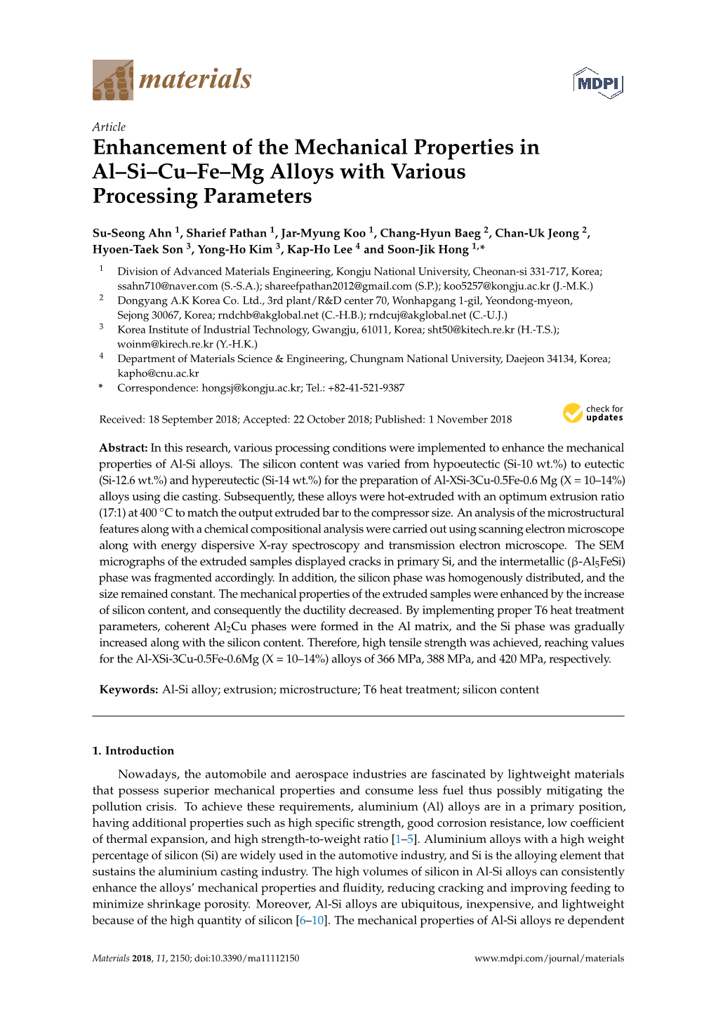 Enhancement of the Mechanical Properties in Al–Si–Cu–Fe–Mg Alloys with Various Processing Parameters