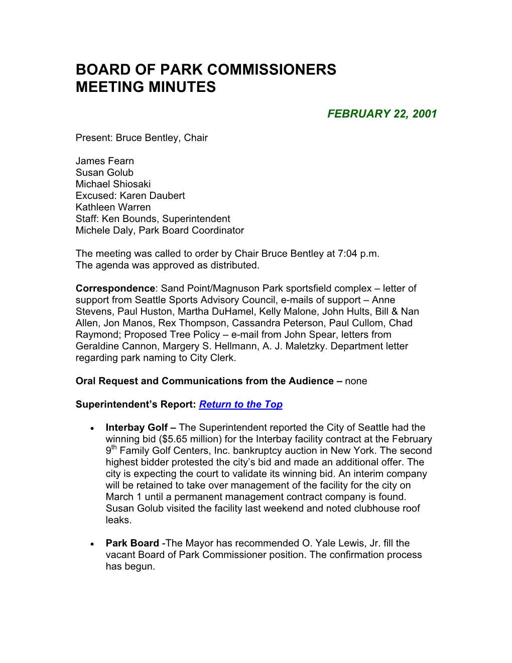 Board of Park Commissioners Meeting Minutes