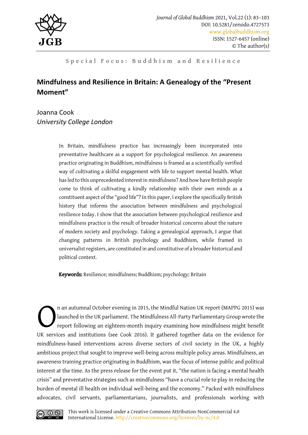 Mindfulness and Resilience in Britain: a Genealogy of the “Present Moment”