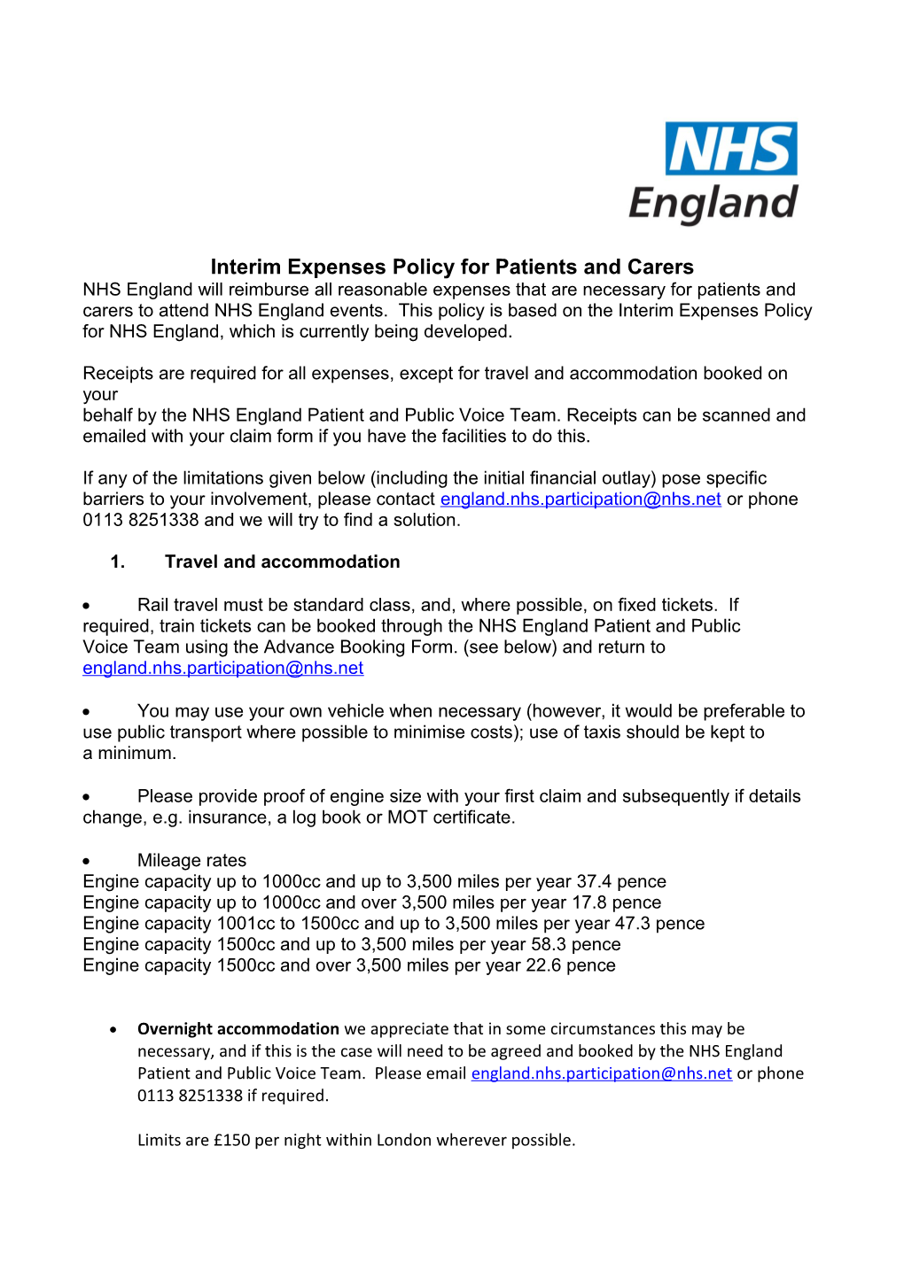 Interim Expenses Policy for Patients and Carers