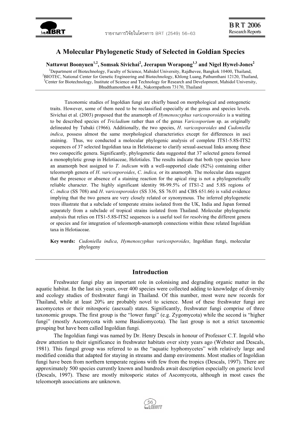 BB RR TT 22000066 a Molecular Phylogenetic Study of Selected In