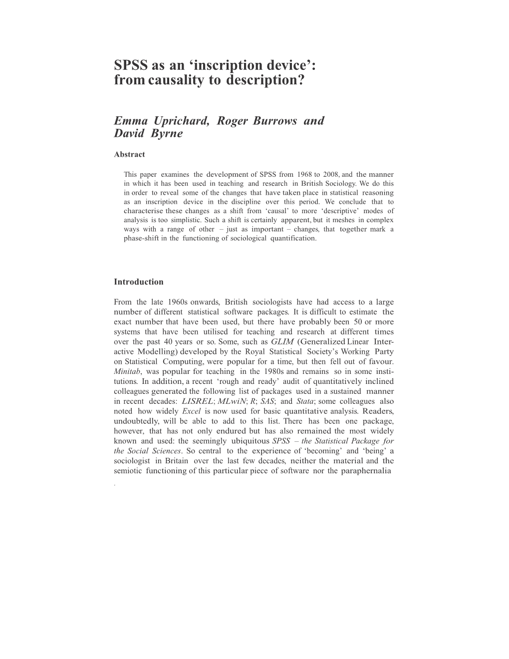 SPSS As an 'Inscription Device': from Causality to Description?