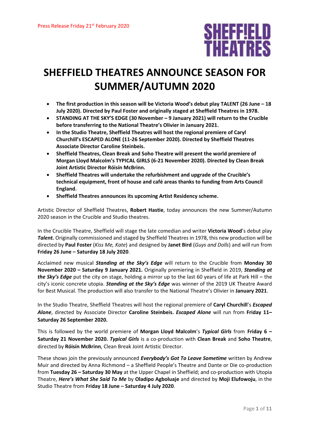 Sheffield Theatres Announce Season for Summer/Autumn 2020