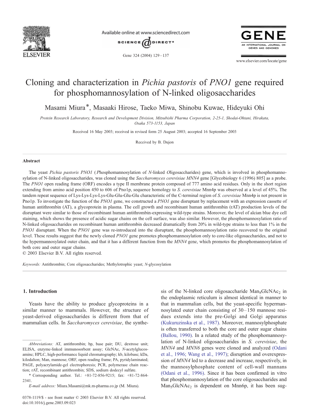 Cloning and Characterization in Pichia Pastoris of PNO1 Gene Required for Phosphomannosylation of N-Linked Oligosaccharides