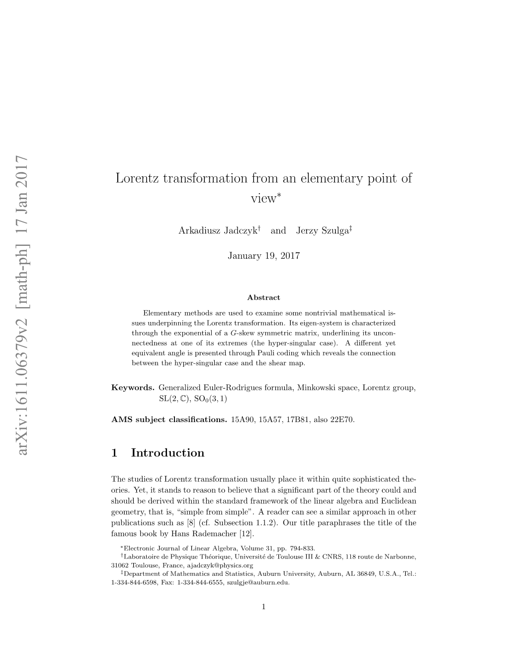Lorentz Transformation from an Elementary Point of View 2