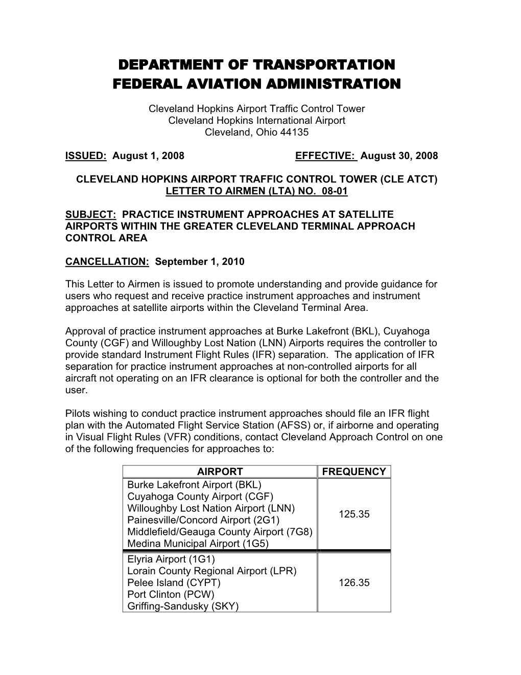 Department of Transportation Federal Aviation Administration