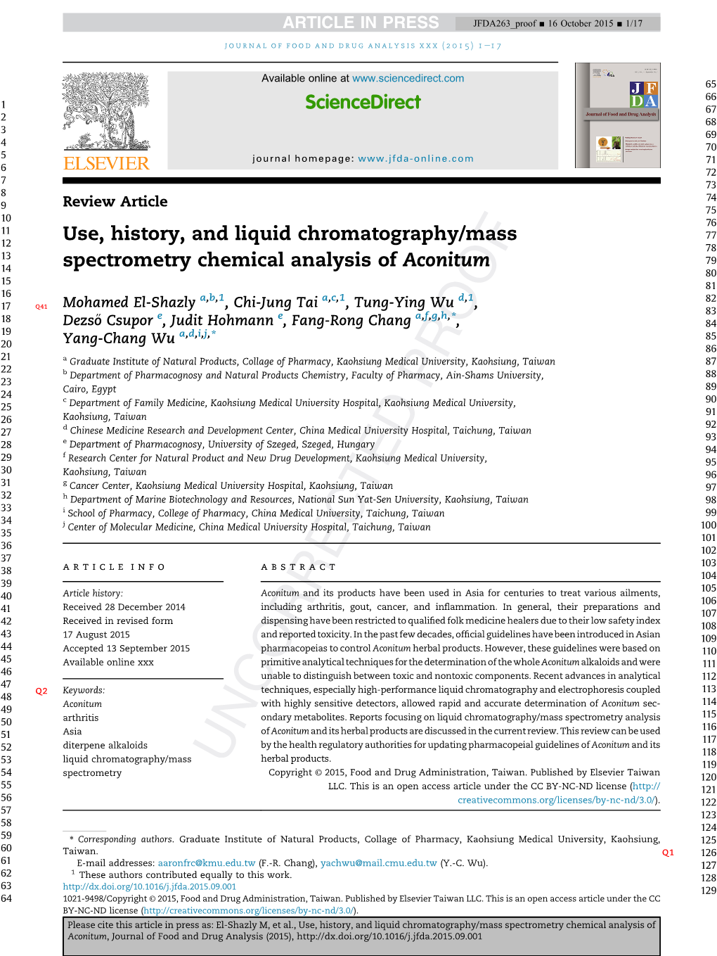 Use, History, and Liquid Chromatography/Mass Spectrometry Chemical Analysis of Aconitum
