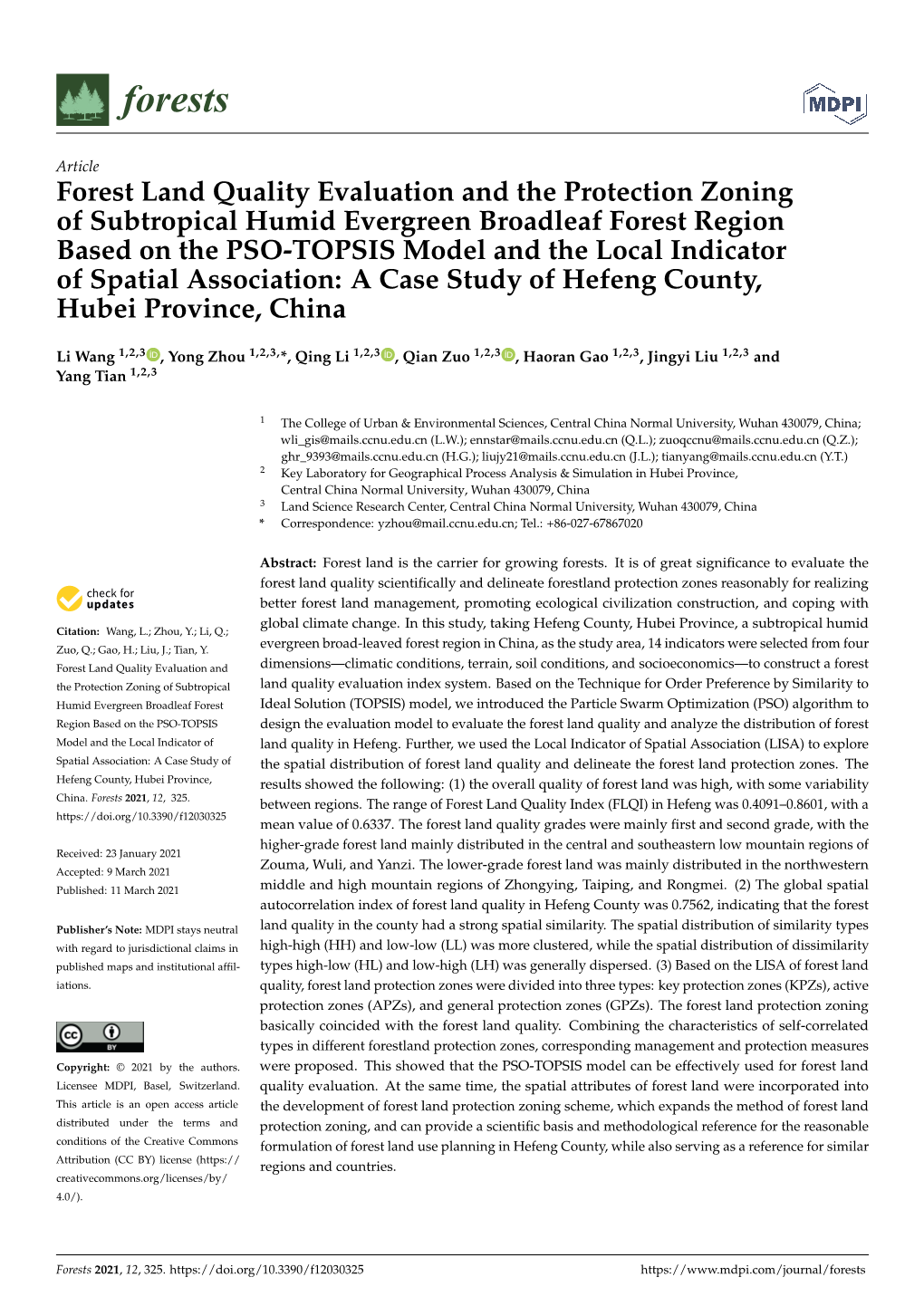 Forest Land Quality Evaluation and the Protection Zoning of Subtropical