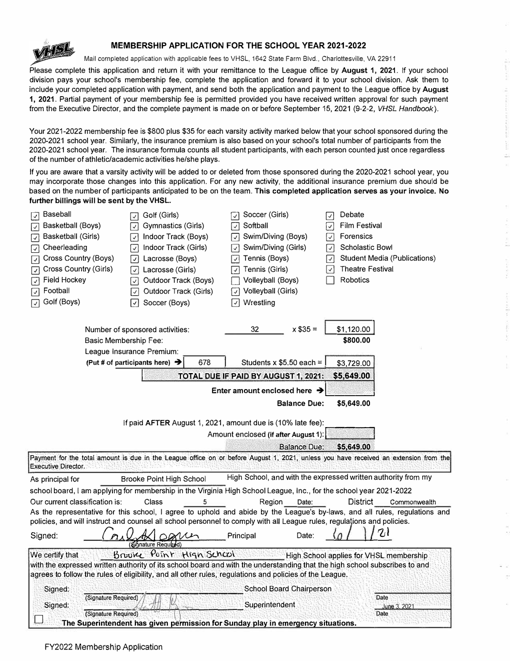 Membership Application for the School Year 2021-2022 Total Due If Paid by August 1, 2021