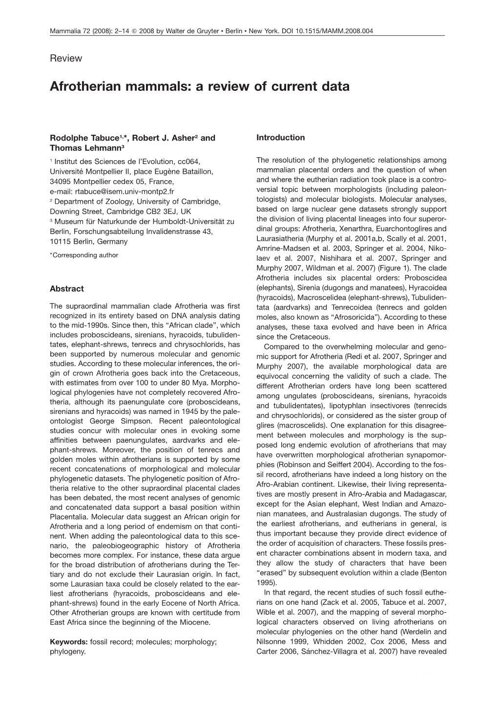 Afrotherian Mammals: a Review of Current Data