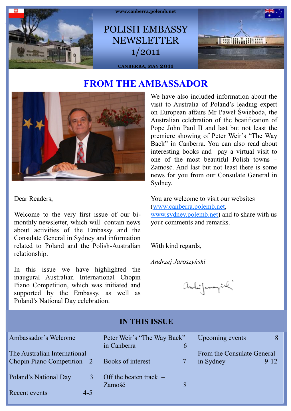 Polish Embassy Newsletter 1/2011 from the Ambassador