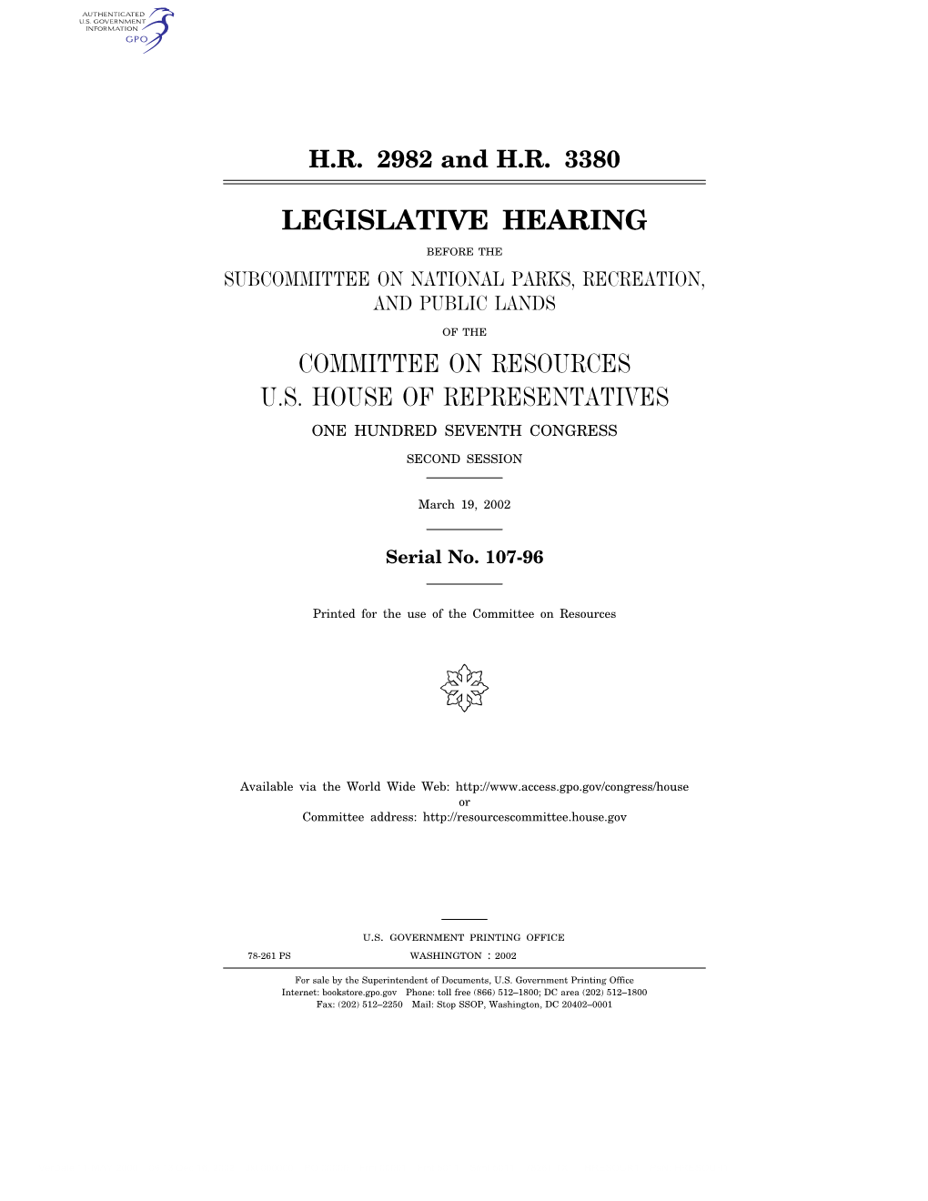 Legislative Hearing Committee on Resources U.S. House Of