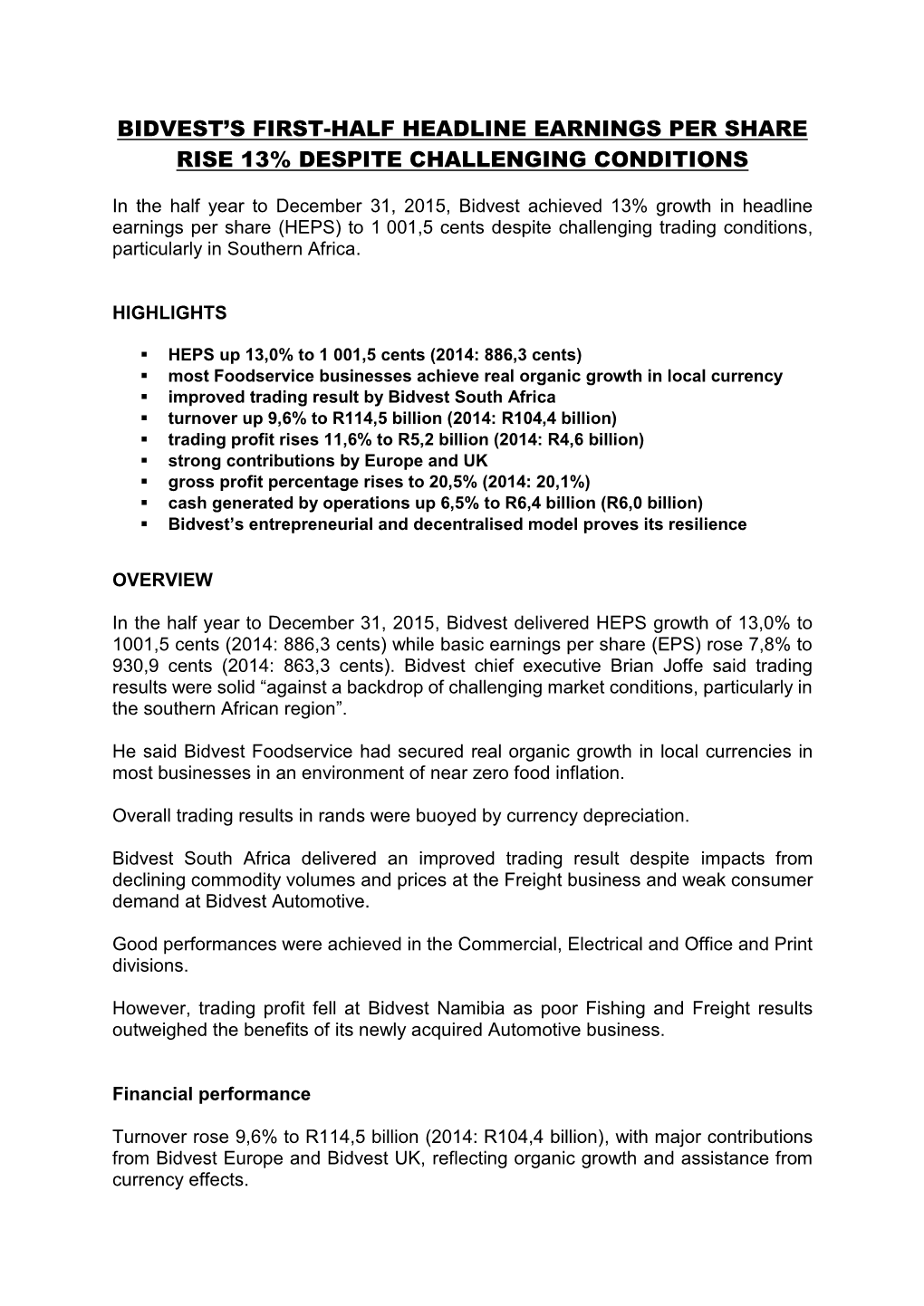 Bidvest's First-Half Headline Earnings Per Share Rise 13% Despite Challenging Conditions