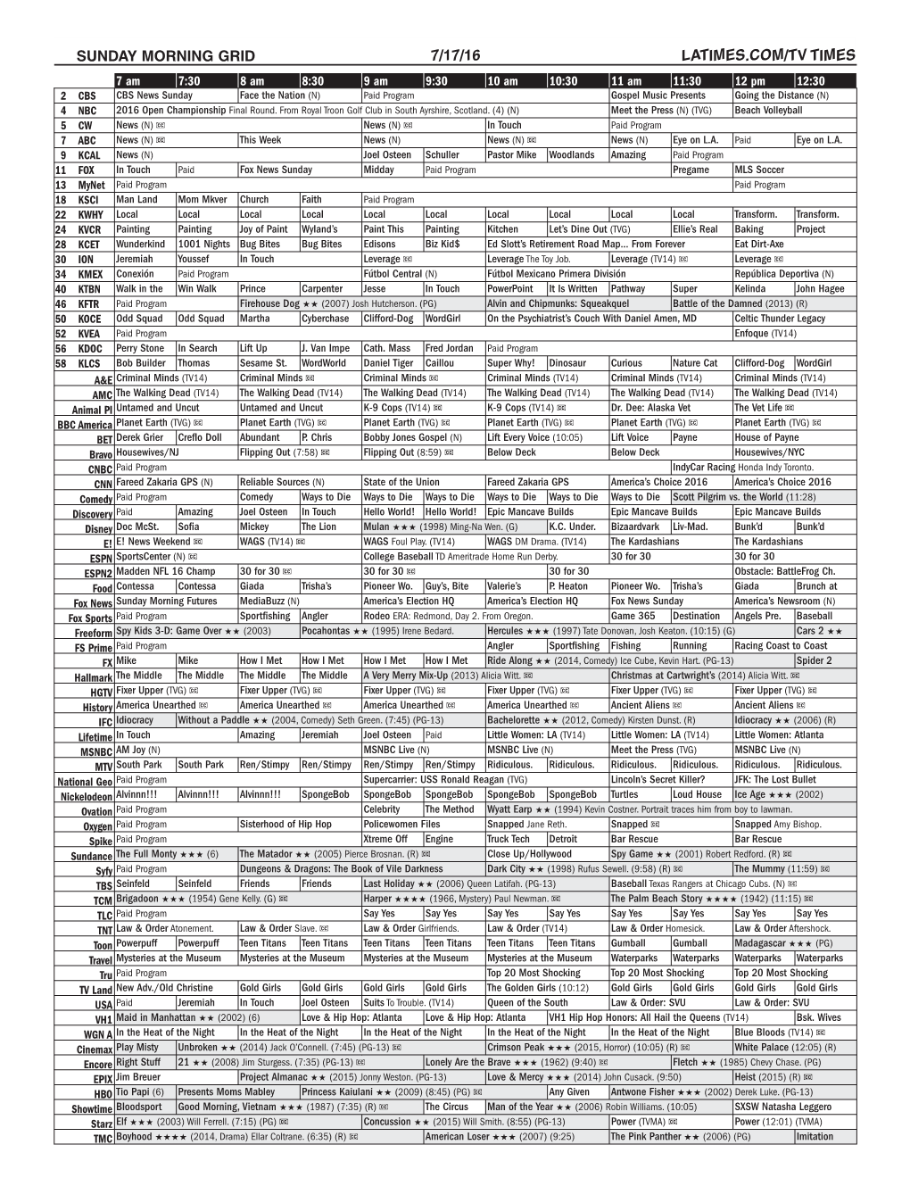 Sunday Morning Grid 7/17/16 Latimes.Com/Tv Times