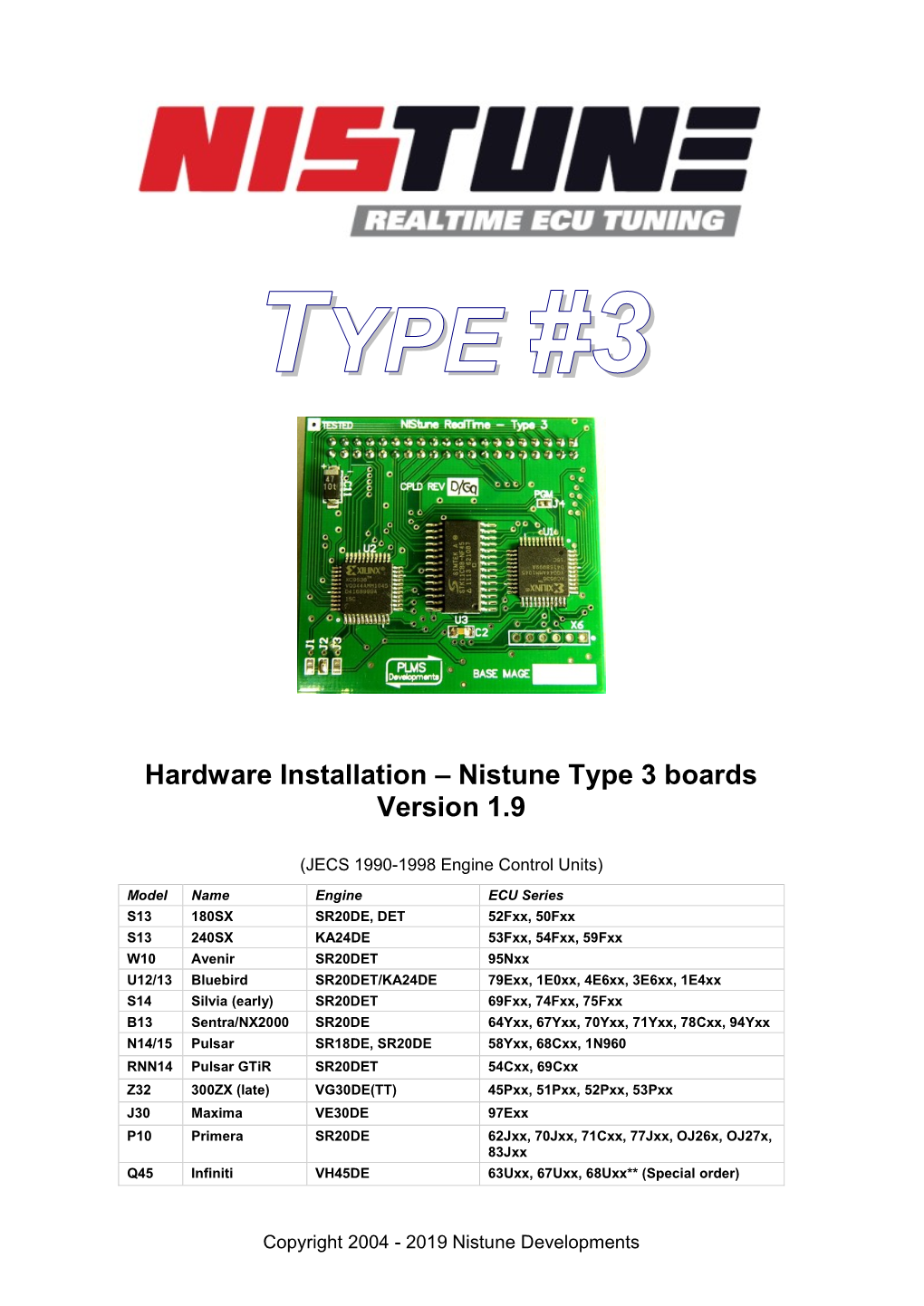 Hardware Installation – Nistune Type 3 Boards Version 1.9