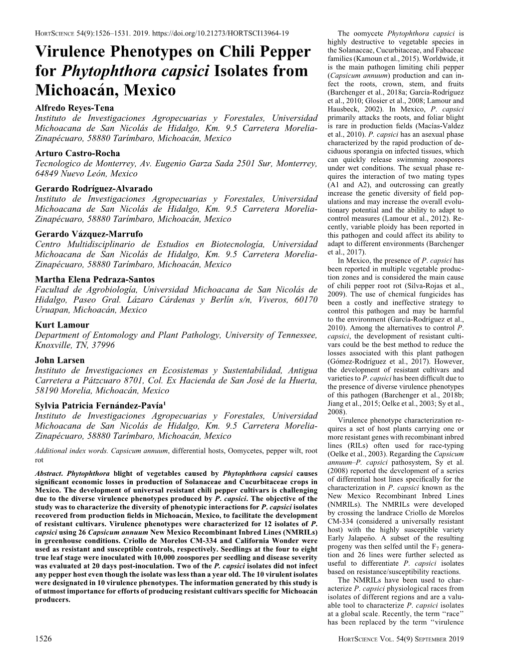 Virulence Phenotypes on Chili Pepper for Phytophthora Capsici Isolates