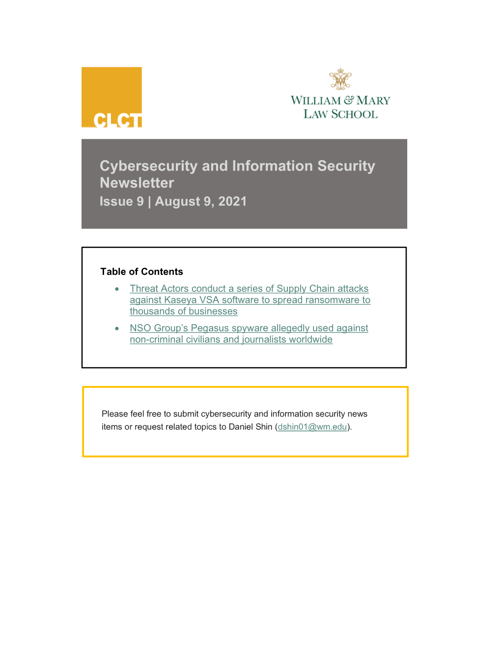 Cybersecurity and Information Security Newsletter Issue 9 | August 9, 2021