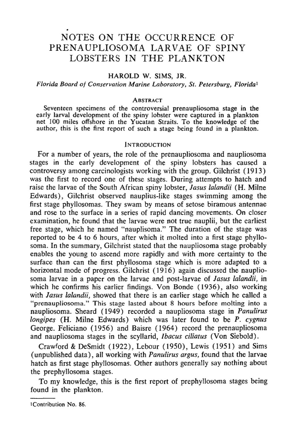 Notes on the Occurrence of Prenaupliosoma Larvae of Spiny