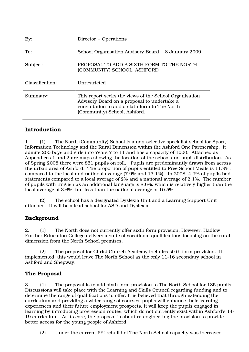 Proposal to Add a Sixth Form to the North (Community) School, Ashford