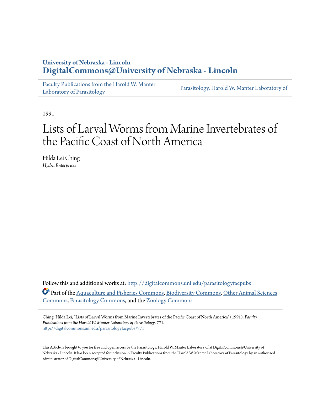 Lists of Larval Worms from Marine Invertebrates of the Pacific Coast of North America