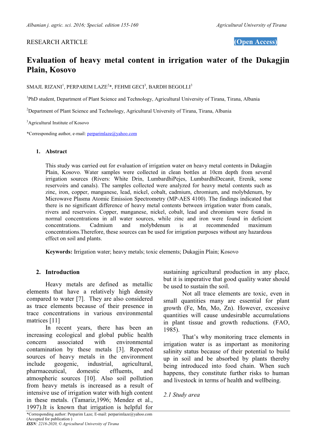 Evaluation of Heavy Metal Content in Irrigation Water of the Dukagjin Plain, Kosovo