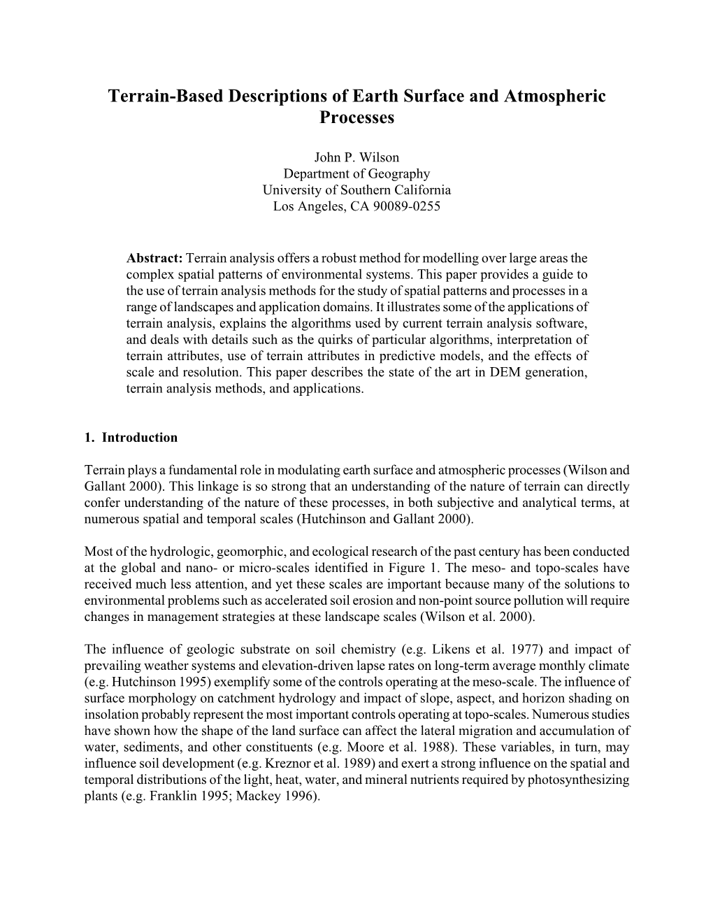 Terrain-Based Descriptions of Earth Surface and Atmospheric Processes