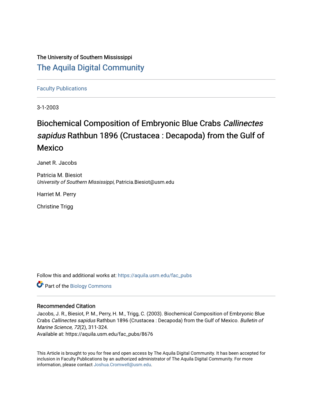 Biochemical Composition of Embryonic Blue Crabs Callinectes Sapidus Rathbun 1896 (Crustacea : Decapoda) from the Gulf of Mexico