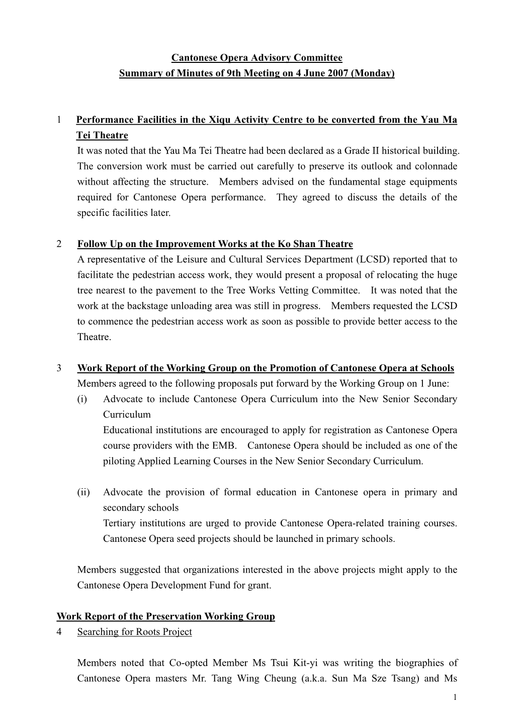 Summary of Minutes of 9Th Meeting on 4 June 2007 (Monday)
