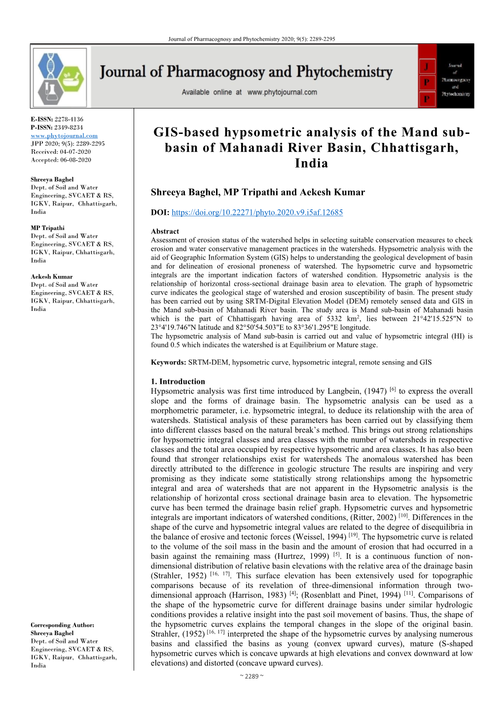 GIS-Based Hypsometric Analysis of the Mand Sub-Basin of Mahanadi River